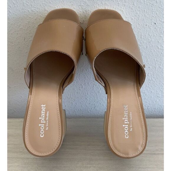 Cool Planet/Steve Madden Sz 8.5M Beige Patent Leather Restore Platform Sandals - Picture 7 of 11
